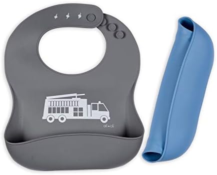 Ali+Oli Modern Bucket Bib Set for Boys (2pk) BPA Free Eco Friendly Waterproof & Easy to Clean - Soft Silicone Bibs with Food Catcher Pouch and Adjustable Snaps for any Size Baby or Toddler (Grey/Blue) - Image 2