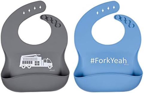 Ali+Oli Modern Bucket Bib Set for Boys (2pk) BPA Free Eco Friendly Waterproof & Easy to Clean - Soft Silicone Bibs with Food Catcher Pouch and Adjustable Snaps for any Size Baby or Toddler (Grey/Blue)