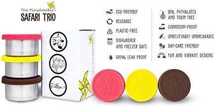 The Pinwheelers Mini Stainless Steel Food Containers Set of 3x3.7 oz with Leak Proof Silicone Lids, Perfect for Kids Snack Containers, Condiment Cups, Dipping Sauces, Dressing Container (Safari Trio) - Image 3