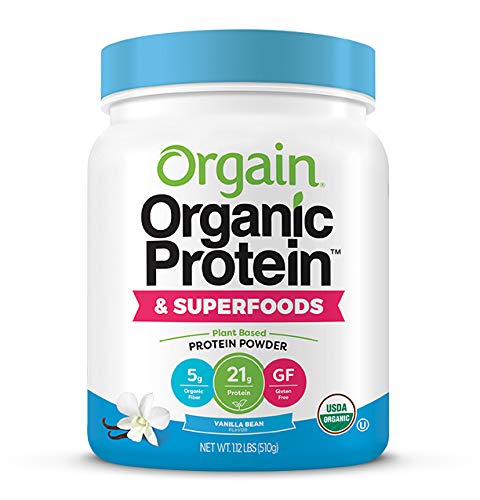 Orgain Organic Plant Based Protein + Superfoods Powder, Vanilla Bean - Vegan, Non Dairy, Lactose Free, No Sugar Added, Gluten Free, Soy Free, Non-GMO, 1.12 Lb