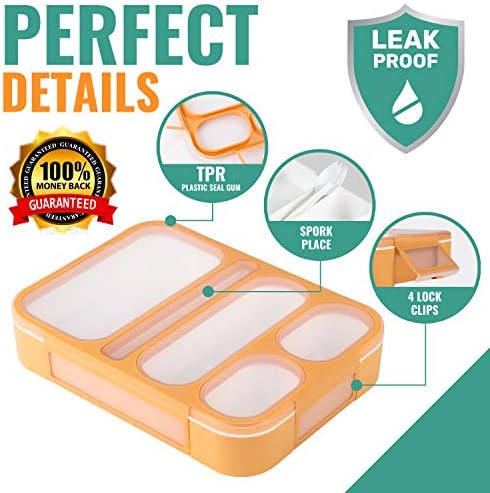Bento Lunch Box For Kids and adults, 2 Leakproof Food & Meal Prep Containers With 5 Compartments + Full Cutlery Set Perfect For Healthy Snacks BPA Free Microwave Dishwasher Safe - PLUSPOINT - Image 3