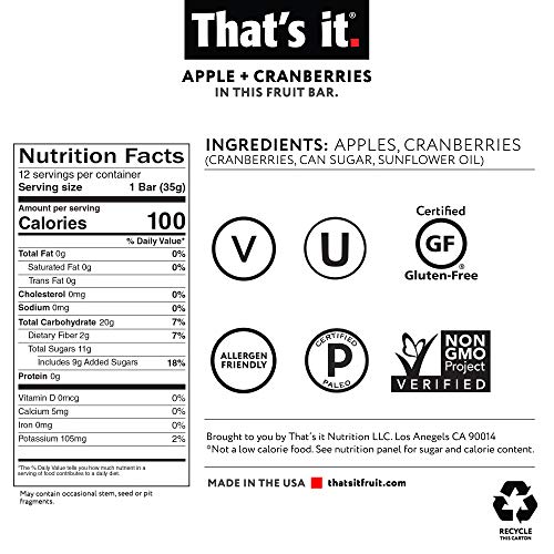That's it. Apple+Cranberry 100% Natural Real Fruit Bar, Best High Fiber Vegan, Gluten Free Healthy Snack, Paleo for Children & Adults, No Preservatives Energy Food (12 Pack) - Image 8