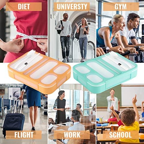 Bento Lunch Box For Kids and adults, 2 Leakproof Food & Meal Prep Containers With 5 Compartments + Full Cutlery Set Perfect For Healthy Snacks BPA Free Microwave Dishwasher Safe - PLUSPOINT - Image 6