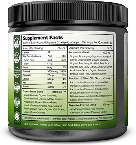 Super Greens Powder Premium Superfood - 20+ Organic Green Veggie Whole Foods - Wheat Grass, Spirulina, Chlorella & More - Antioxidant, Digestive Enzyme & Probiotic Blends | Vegan Juice Supplement - Image 2