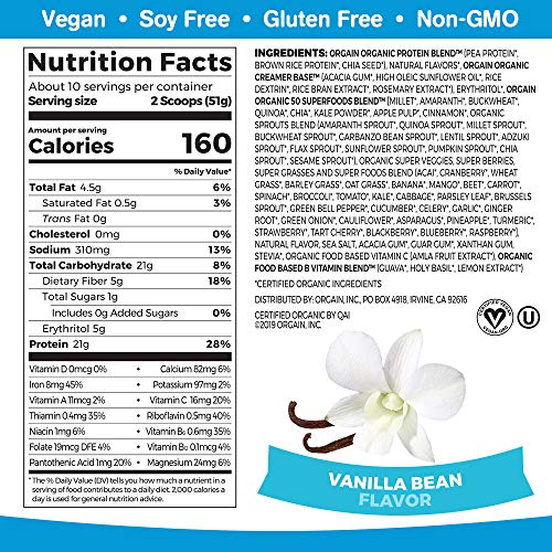 Orgain Organic Plant Based Protein + Superfoods Powder, Vanilla Bean - Vegan, Non Dairy, Lactose Free, No Sugar Added, Gluten Free, Soy Free, Non-GMO, 1.12 Lb - Image 2