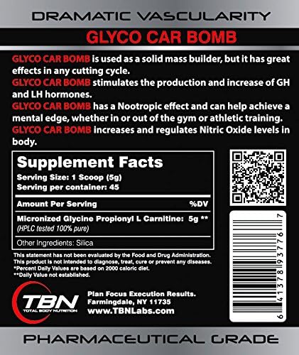 TBN Labs Glyco Car Bomb is Micronized Glycine propionyl-L-carnitine (GPLC), a propionyl ester of carnitine that includes an additional glycine component. Study shows a significant increase in resting levels of blood nitrate/nitrite and lower levels of malondialdehyde after use of Glyco Car BOMB. It also can Increase free radical production associated with impaired Nitric Oxide bioavailability - Image 2