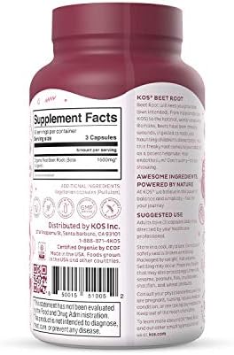 KOS Organic Beet Root Capsules 1500mg - Natural Nitric Oxide Booster Superfood Powder - Supports Healthy Circulation, Lower Blood Pressure, Energy Levels - 180 Capsules - Image 6