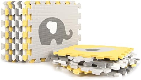Tadpoles Baby Play Mat, Kid's Puzzle Exercise Play Mat – Soft EVA Foam Interlocking Floor Tiles, Cushioned Children's Play Mat, 16pc, Teddy & Friends, Yellow/Grey, 50x50 - Image 2