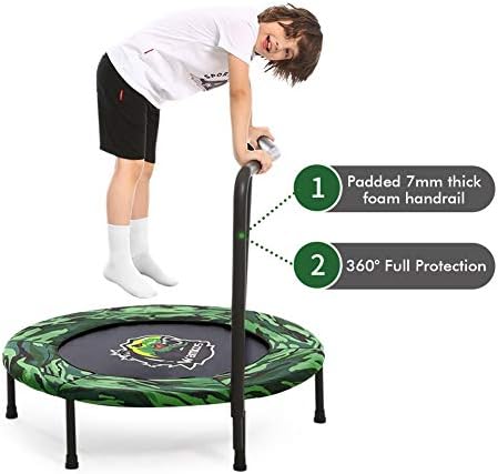 Wamkos 2019 Upgraded Dinosaur Mini Trampoline for Kids with Handle,Foldable Kids Trampoline for Play & Exercise Indoor or Outdoor,Camo Safty Padded Cover Toddler Rebounder Trampoline for Jump Sports - Image 2