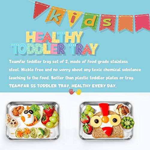TeamFar Kids Plates, 7.3"×5.3"×0.8", Stainless Steel Plates for Kids Metal Toddler Plate Tray Set for Lunch Dinner Camping, Healthy & Non Toxic, Dishwasher Safe & Oven Safe, Stackable - 2 Pieces - Image 4