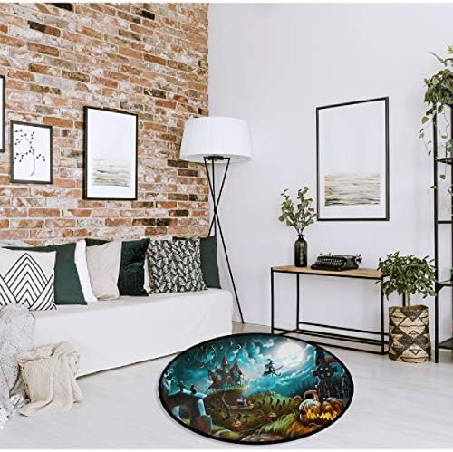 Vdsrup Halloween Doormat Witch Castle Moon Pumpkin Round Floor Mat Non Slip Carpet Yoga Mat Rug for Entryway Living Room Bedroom Home Decor 3' - Image 5