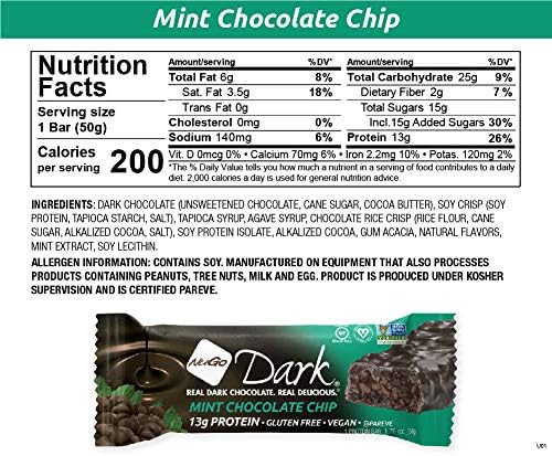NuGo Dark Chocolate Mint Chocolate Chip, 13g Vegan Protein, 200 Calories, Gluten Free, 12 Count - Image 2