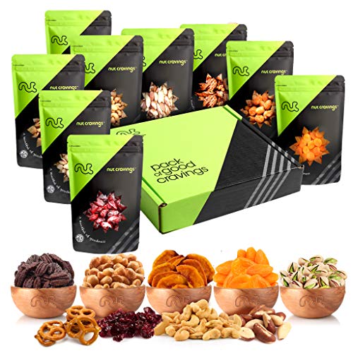 Holiday Dried Fruit & Nut Gift Basket, Green Box (9 Bags) - Thanksgiving, Christmas Food Arrangement Platter, Variety Care Package, Birthday Party, Healthy Kosher Snack Tray for Women, Men, Adults
