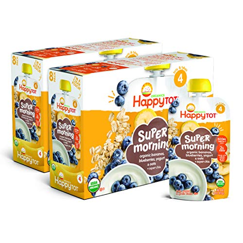 Happy Tot Organic Stage 4 Super Morning Organic Bananas Blueberries Yogurt & Oats + Super Chia, 4 Ounce Pouch (Pack of 8) (Packaging May Vary)