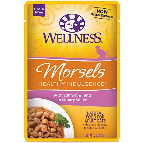 Wellness Healthy Indulgence Natural Grain Free Wet Cat Food, Morsels Salmon & Tuna, 3-Ounce Pouch (Pack of 24)