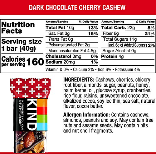 KIND Bars, Dark Chocolate Cherry Cashew + Antioxidants, Gluten Free, 1.4 Ounce Bars, 24 Count - Image 4
